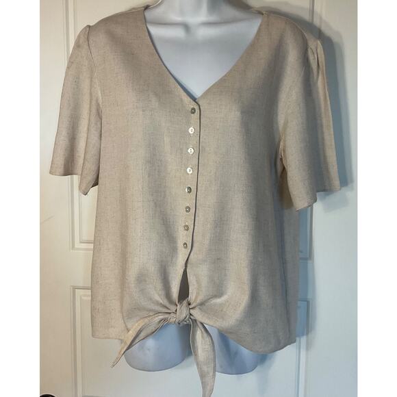 mittoshop Tops - Mittoshop Beige Linen Blend Short Sleeve Tie Front Button Front Top S